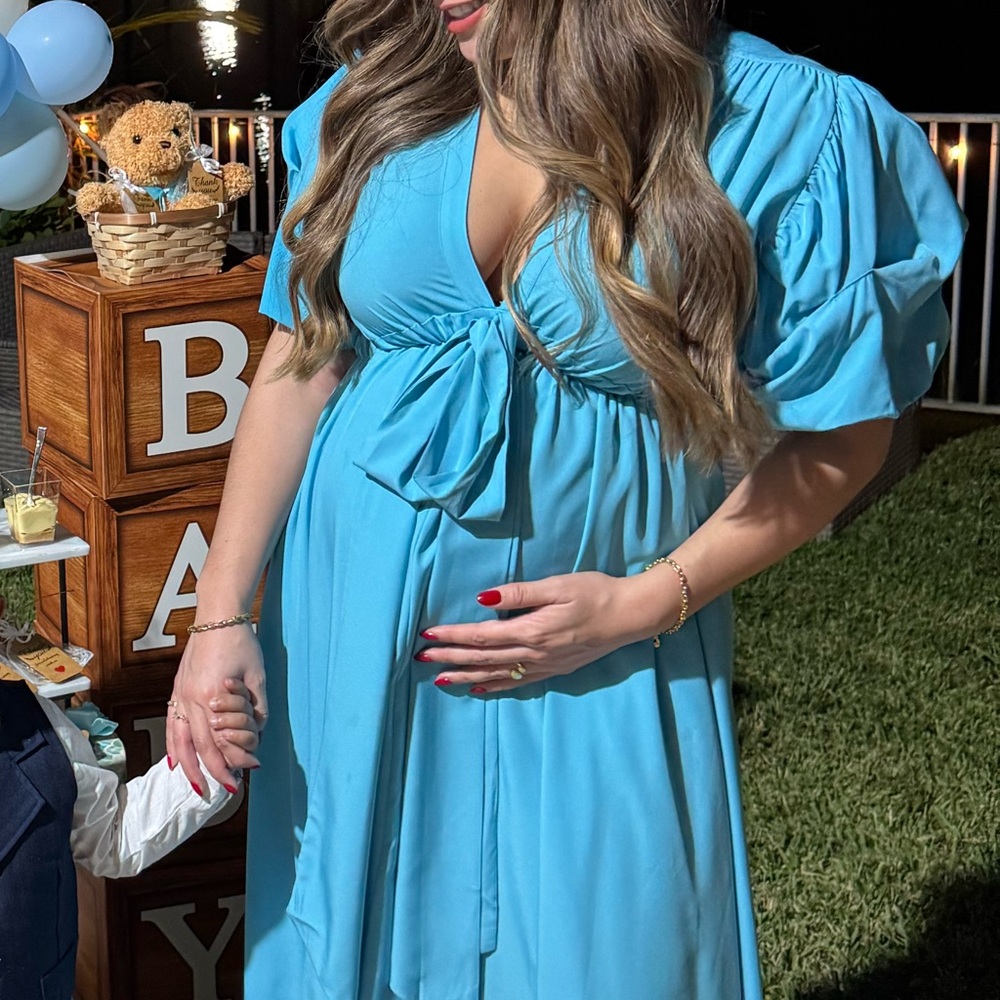 Long blue/teal Stretchy V Neck Dress